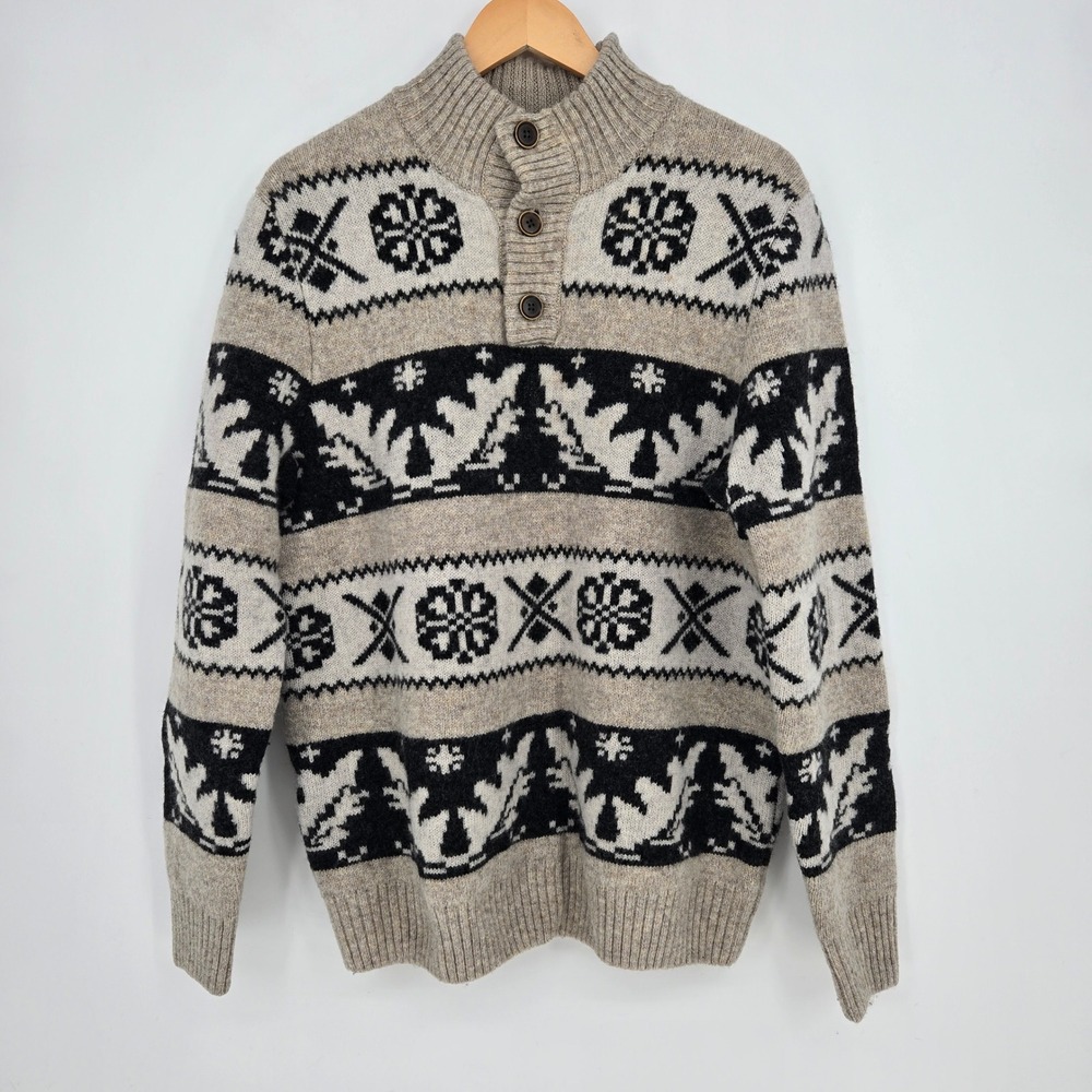 Duluth Trading Co Mens M Sweater Beige Black 100% Shetland Wool Fair Isle Henley